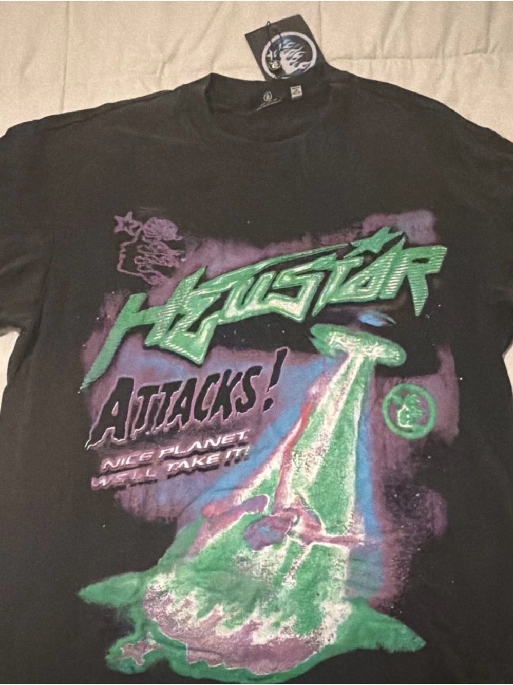 hellstar Attacks! Graphic men’s  Black T-Shirt with Green & Purple Print